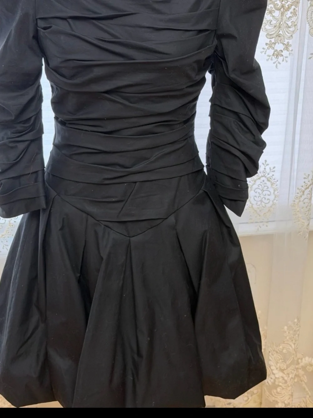 KHAITE Black Long-Sleeve Ruched Fit-and-Flare Dress